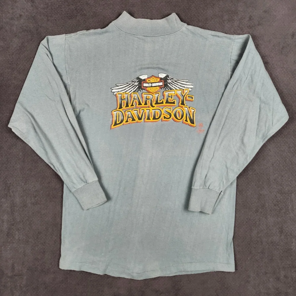 Harley Davidson Shirt Mens Medium Gray 1989 3D Emblem Freedom Eagle Long Sleeve - Picture 1 of 16